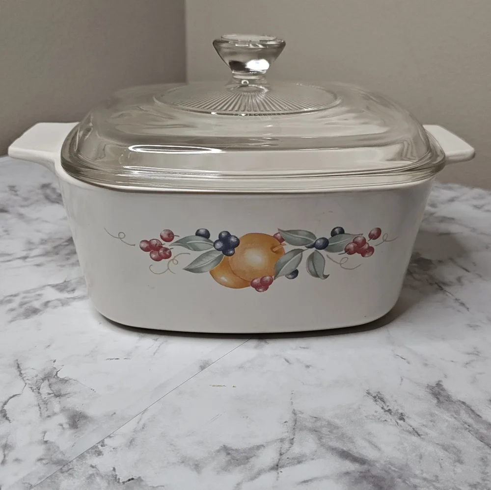 Vintage Pyrex Glass Lid White Casserole Dish Fruit Design
